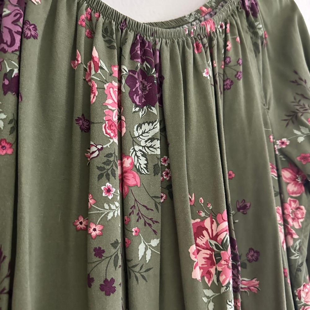Terra & Sky Peasant Top Womens 1X Olive Green Floral Ruffle Bell Sleeve Boho - Picture 8 of 11